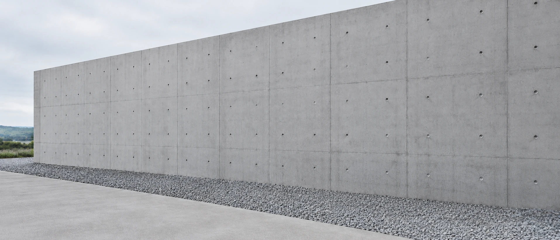 Long fair-faced concrete wall showing a regular grid of formwork panel imprints and small round tie-holes